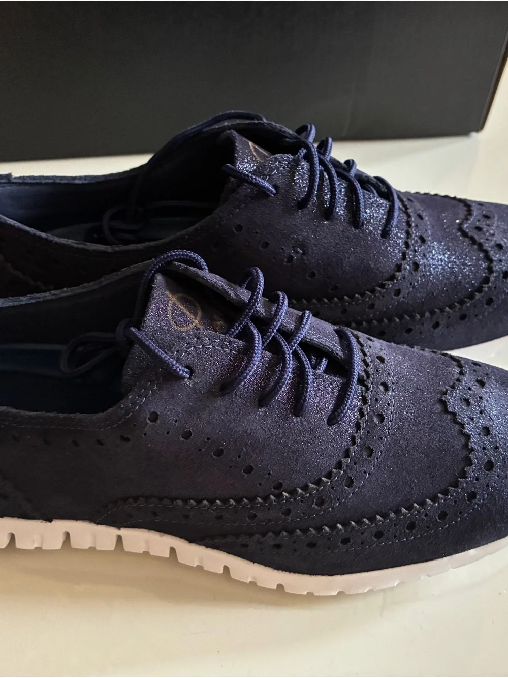 Cole Haan Navy Suede Wingtip Derby with White Sole